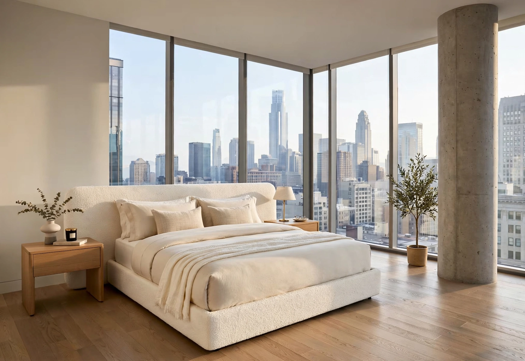 Refined apartment bedroom with neutral textiles and warm natural light