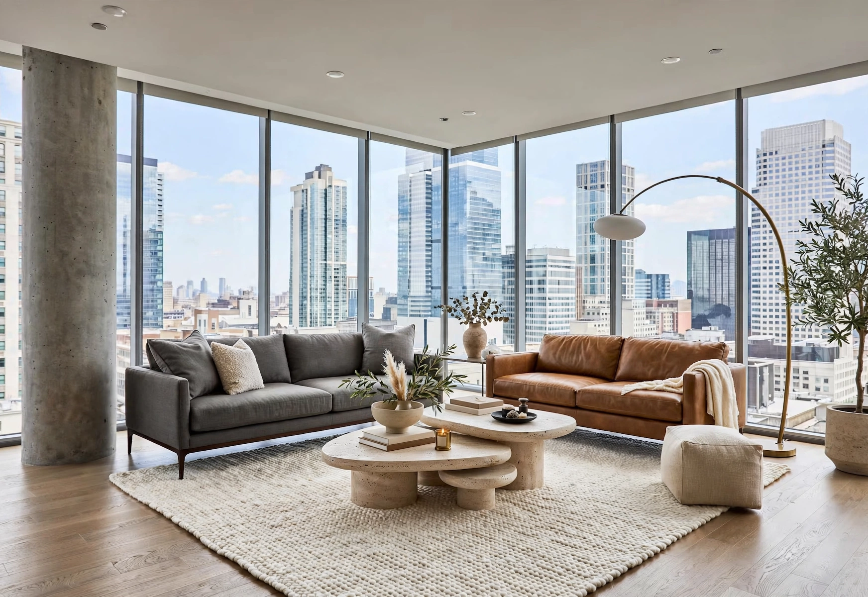 Warm, softly lit living room with contemporary furniture