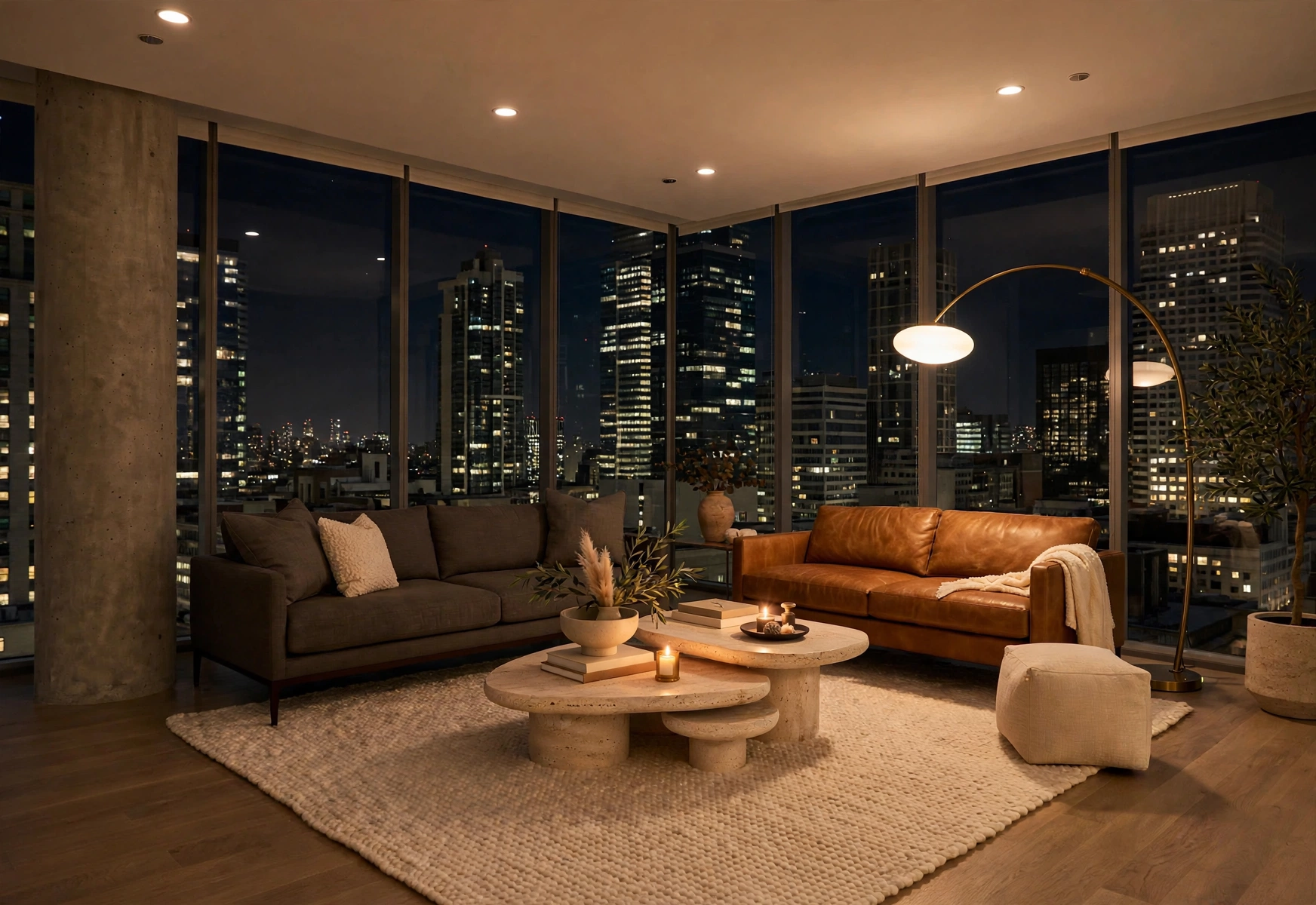 Warm modern living room with floor-to-ceiling windows and a city view