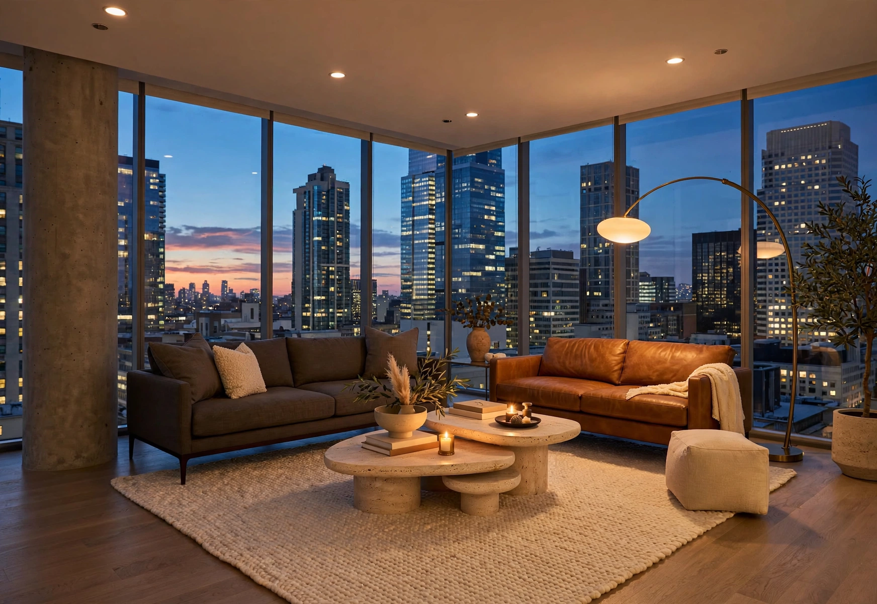 Softly lit living room with warm neutral furnishings