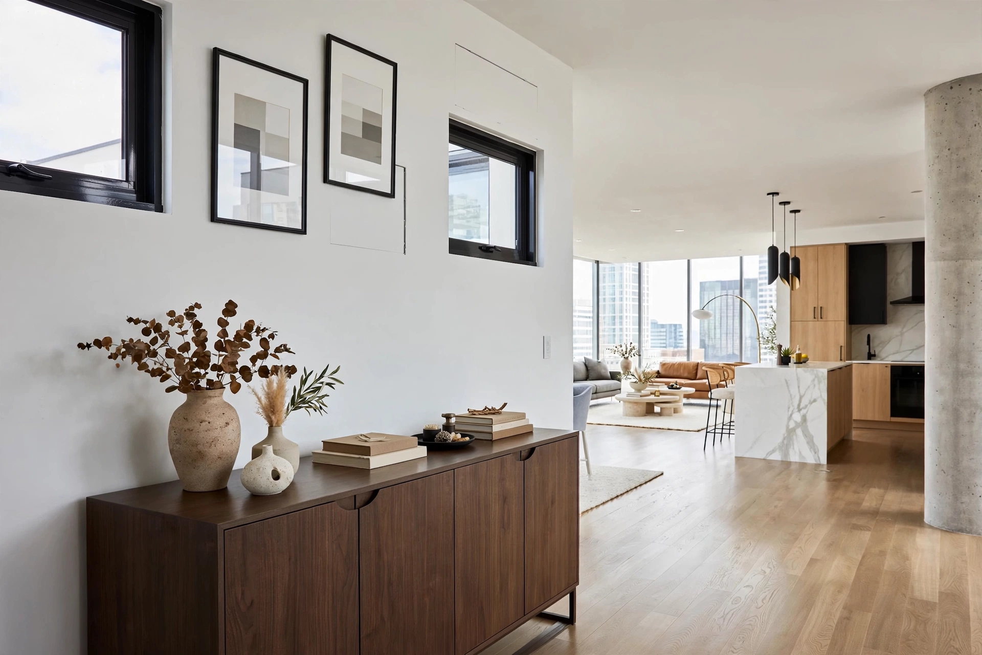 Moody minimalist apartment interior in deep green and charcoal tones