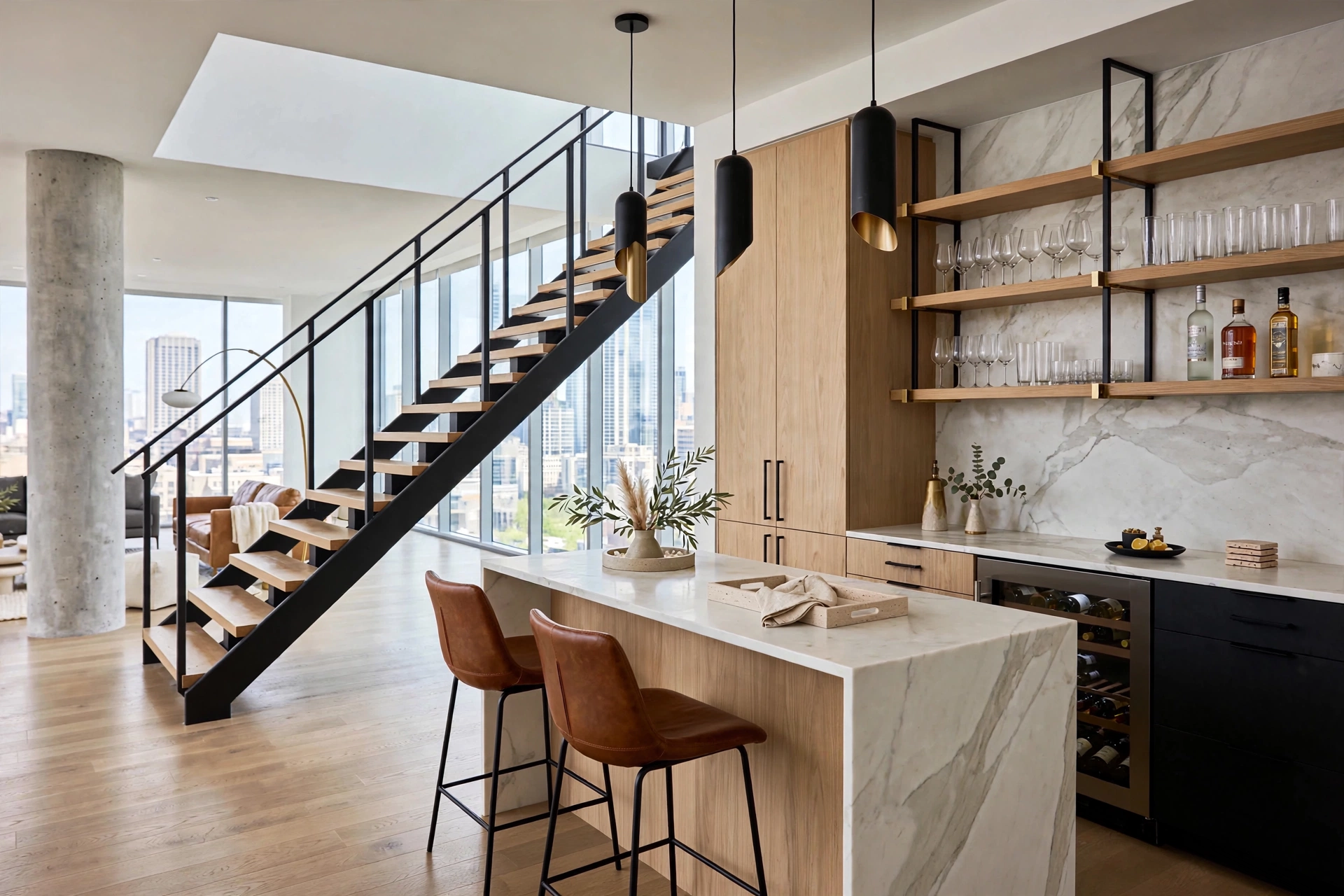 Warm architectural living space with sculptural furniture